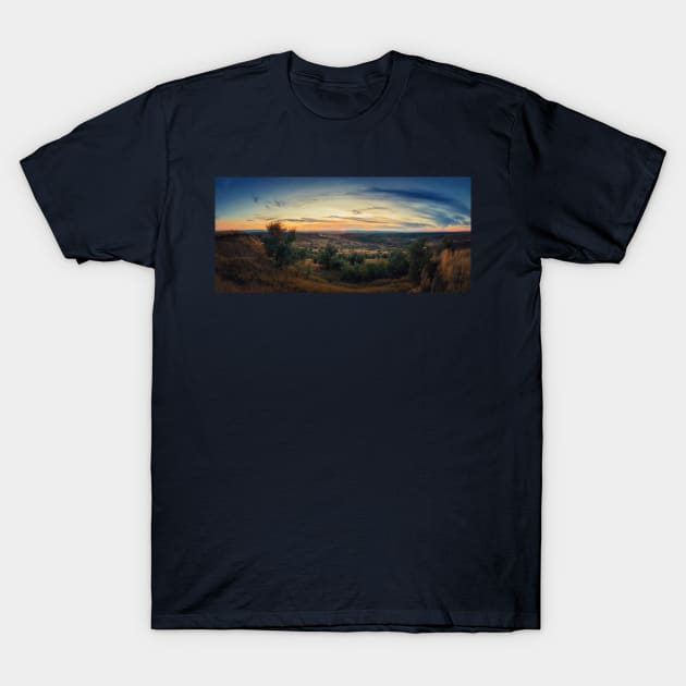 autumn sunset over hills T-Shirt by psychoshadow